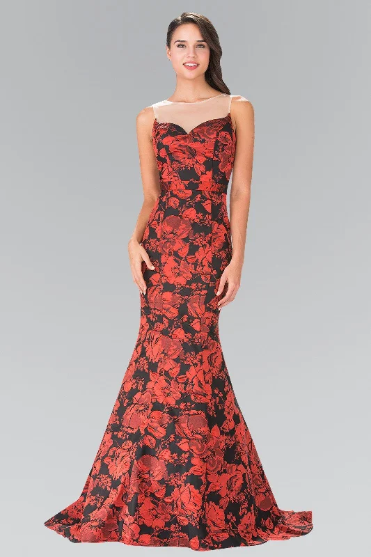 cocktail dresses with satin fabric for smooth texture --Red/Black Floral Print Dress with Sheer Neckline by Elizabeth K GL2246