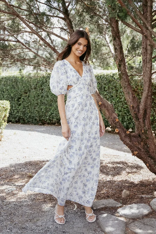Affordable spring dresses for casual everyday wear -Jemima Puff Shoulder Maxi Dress - Blue Floral