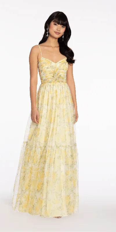 formal dresses with built-in shapewear for smooth figure --Sweetheart Mesh Floral Print Ballgown