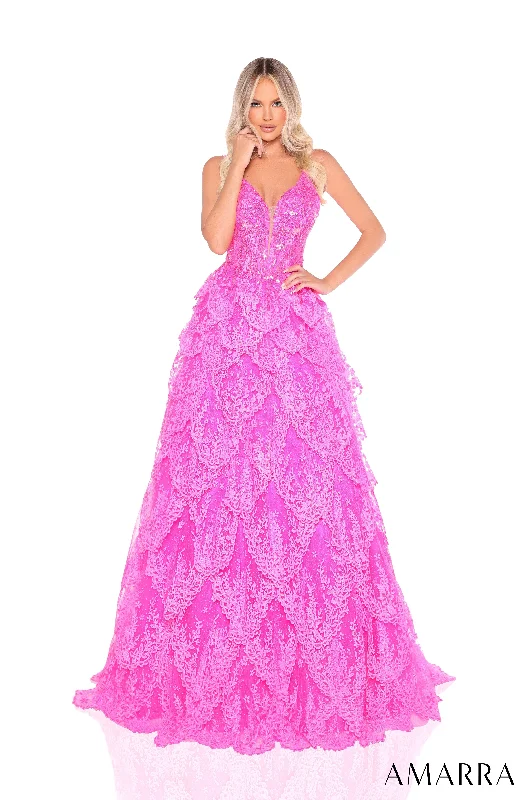cocktail dresses with satin sashes for waist accentuation --Glitter Sleeveless A-line Tiered Gown by Amarra 88265