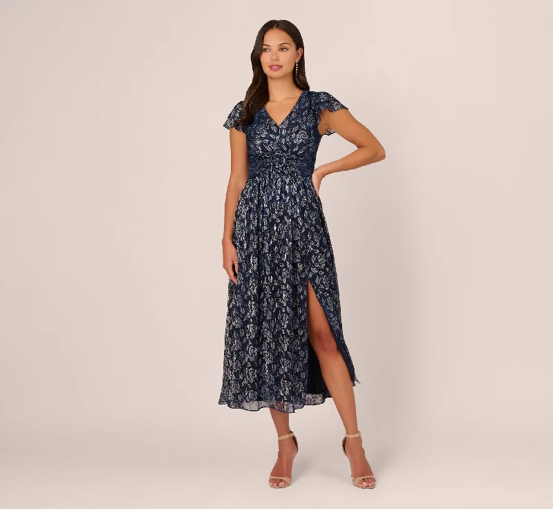 Best wedding guest dresses for a summer garden reception -Floral Metallic Crinkle Ankle Length Dress With Flutter Sleeves In Navy Silver