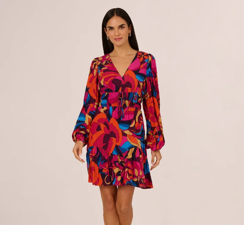Spring dresses for casual workwear with elegance -Retro Floral Print Shirred Dress With Long Bishop Sleeves In Berry Multi Spring dresses for casual workwear with elegance -Retro Floral Print Shirred Dress With Long Bishop Sleeves In Berry Multi