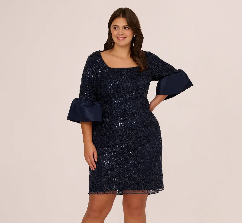 Best wedding guest dresses for fall events -Plus Size Sequin Embroidered Dress With Taffeta Bell Sleeves In Midnight