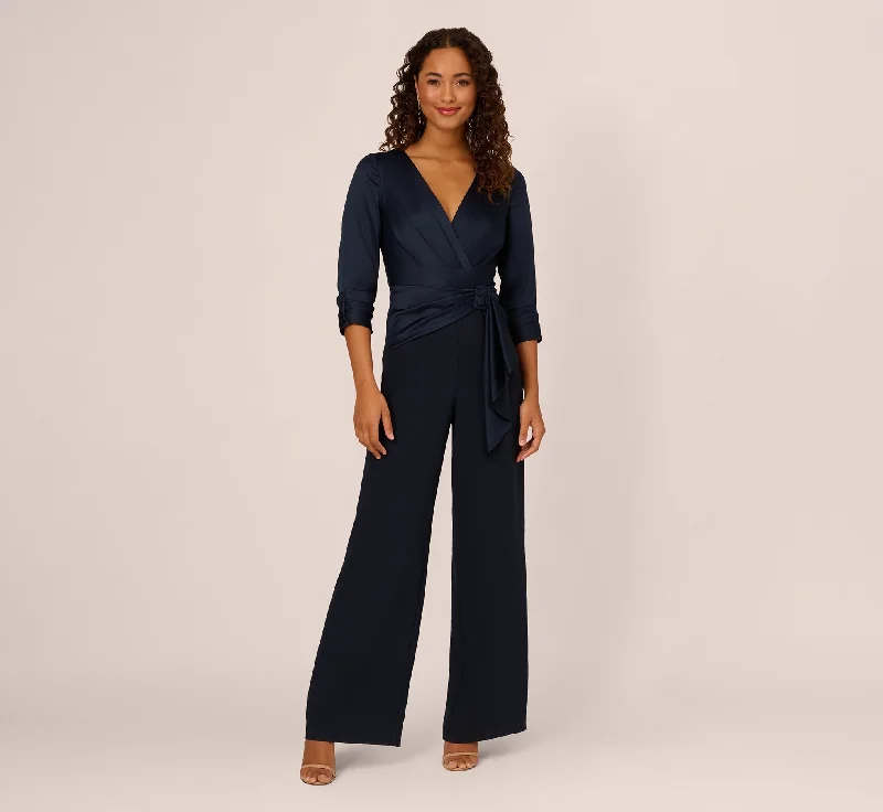 Bridal shower spring dresses with simple elegance -Satin Crepe Three Quarter Sleeve Jumpsuit With Buckle Waist In Dark Navy Bridal shower spring dresses with simple elegance -Satin Crepe Three Quarter Sleeve Jumpsuit With Buckle Waist In Dark Navy