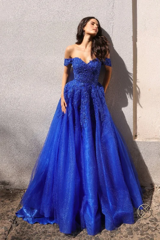 Wedding guest dresses that combine comfort and elegance -Applique Off Shoulder Ball Gown by Nox Anabel R1303 Wedding guest dresses that combine comfort and elegance -Applique Off Shoulder Ball Gown by Nox Anabel R1303