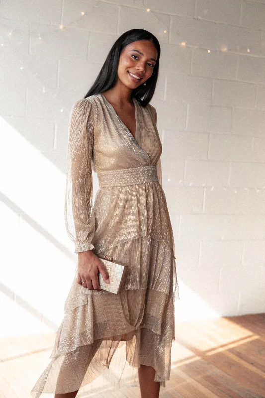 Sophisticated wedding guest dresses with a structured silhouette -Cybil Pleated Tiered Midi Dress - Champagne Gold Sophisticated wedding guest dresses with a structured silhouette -Cybil Pleated Tiered Midi Dress - Champagne Gold