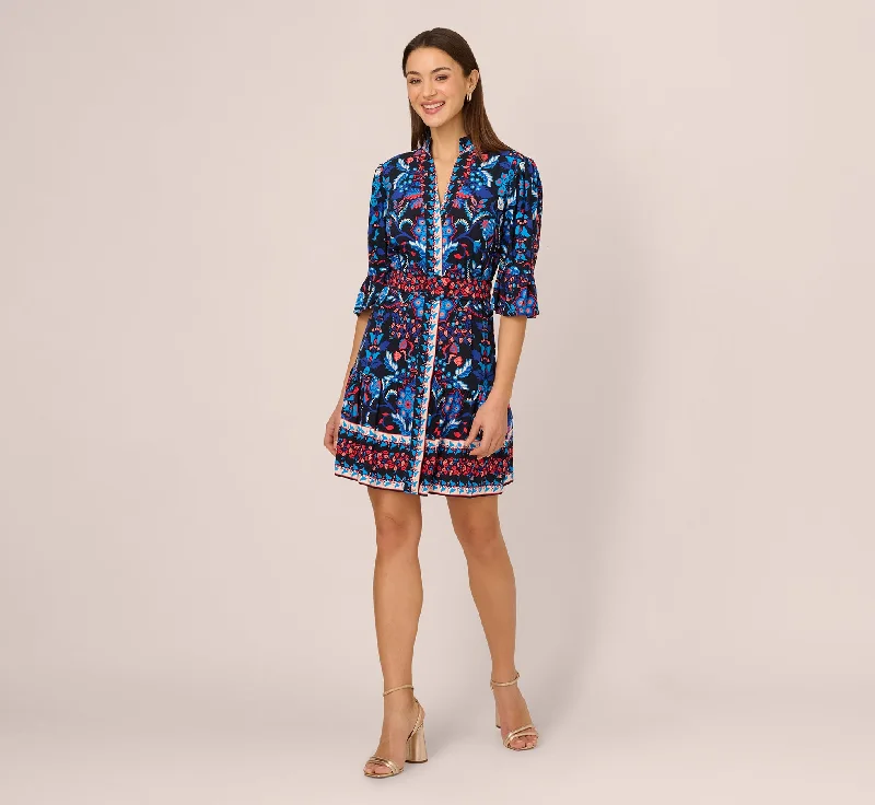 Beautiful wedding guest dresses for evening garden parties -Abstract Print Button Down Dress With Three Quarter Bell Sleeves In Navy Multi Beautiful wedding guest dresses for evening garden parties -Abstract Print Button Down Dress With Three Quarter Bell Sleeves In Navy Multi