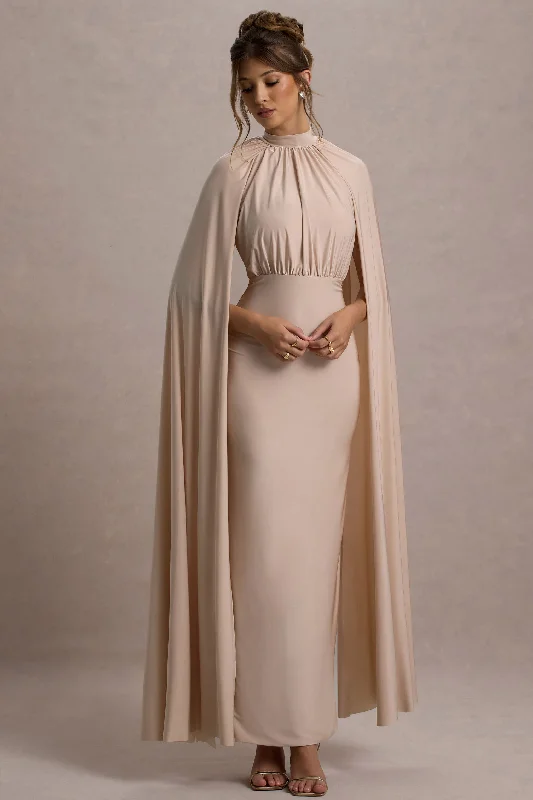 Darielle | Champagne High-Neck Cape-Sleeve Maxi Dress