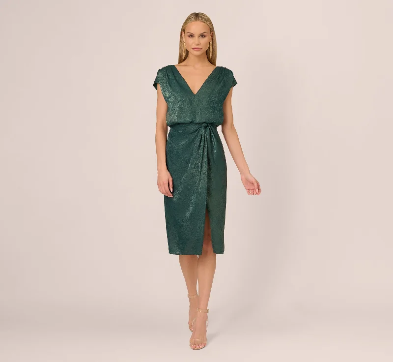 Wedding guest dresses with cap sleeves for a graceful look -Foil Blouson Midi Dress With Faux Wrap Skirt In Dark Ivy Wedding guest dresses with cap sleeves for a graceful look -Foil Blouson Midi Dress With Faux Wrap Skirt In Dark Ivy
