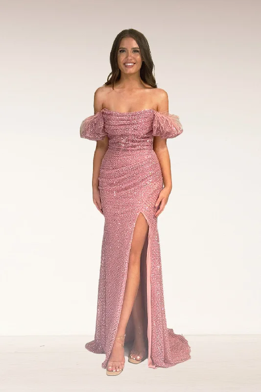 cocktail dresses with sweetheart necklines for romantic looks --Feather Fitted Off Shoulder Slit Gown by Lucci Lu 1345 cocktail dresses with sweetheart necklines for romantic looks --Feather Fitted Off Shoulder Slit Gown by Lucci Lu 1345