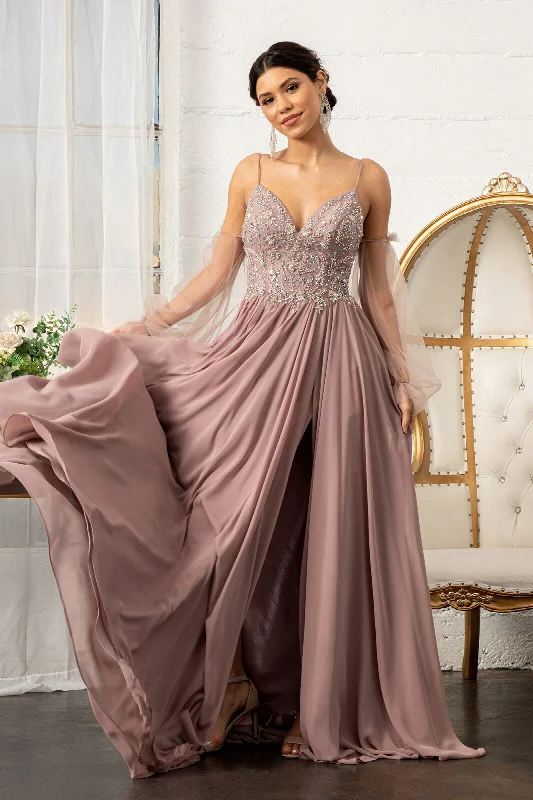 cocktail dresses with mesh inserts for edgy style --Long Beaded Bodice Chiffon Dress by Elizabeth K GL3005 cocktail dresses with mesh inserts for edgy style --Long Beaded Bodice Chiffon Dress by Elizabeth K GL3005