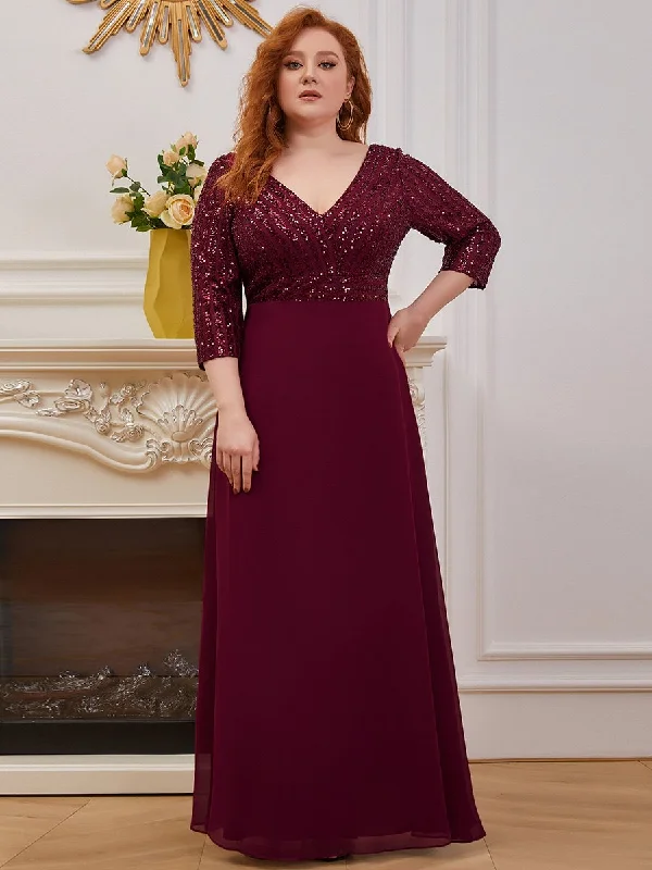 Fun and flirty dresses for evening cocktail events -Sexy V Neck A-Line Plus Size Sequin Wholesale Evening Dress with Sleeve Fun and flirty dresses for evening cocktail events -Sexy V Neck A-Line Plus Size Sequin Wholesale Evening Dress with Sleeve