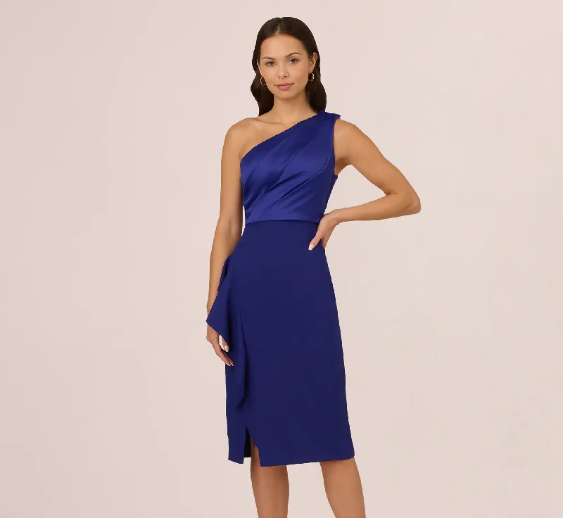 Best wedding guest dresses for destination weddings in tropical locations -One Shoulder Ruffle Midi Sheath Dress In Dark Blue Violet Best wedding guest dresses for destination weddings in tropical locations -One Shoulder Ruffle Midi Sheath Dress In Dark Blue Violet