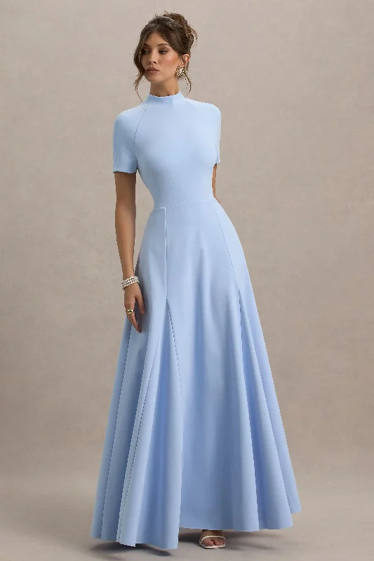 Alea | Powder Blue High-Neck Short-Sleeve Maxi Dress