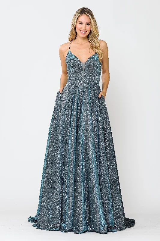cocktail dresses with off-shoulder necklines for feminine charm --Long V-Neck Glitter Dress with Corset Back by Poly USA 8556