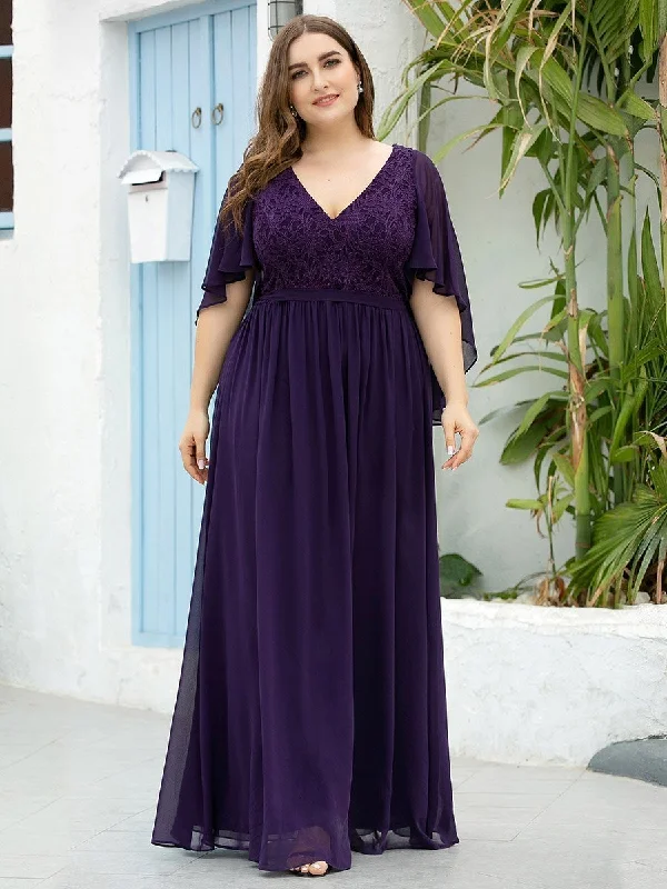 Ruffled party dresses for a fun and feminine look -Plus Size Wholesale Deep V Neck Evening Dress with Lace Ruffled party dresses for a fun and feminine look -Plus Size Wholesale Deep V Neck Evening Dress with Lace