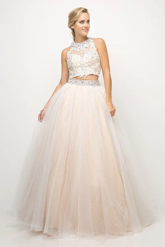 Wedding guest dresses that are comfortable yet chic -Beaded Lace Two-Piece Ball Gown by Cinderella Divine UM078 Wedding guest dresses that are comfortable yet chic -Beaded Lace Two-Piece Ball Gown by Cinderella Divine UM078