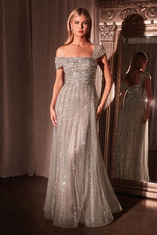 Wedding guest dresses with sequins for a glamorous look -Beaded Off Shoulder A-line Gown by Ladivine CD0238