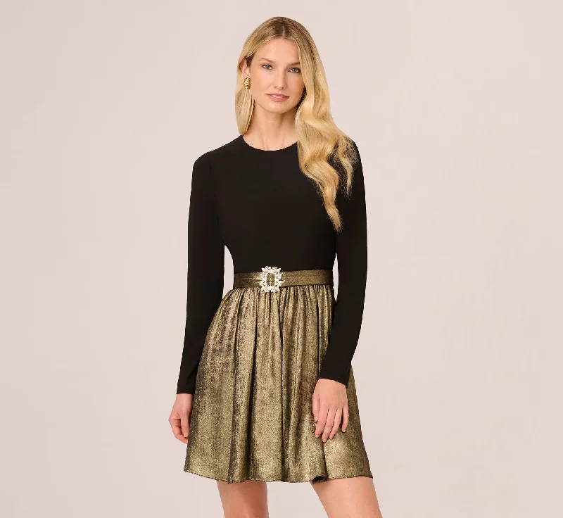 Short spring dresses for a fun, flirty style -Jersey Metallic Combo Short Dress In Black Gold Short spring dresses for a fun, flirty style -Jersey Metallic Combo Short Dress In Black Gold