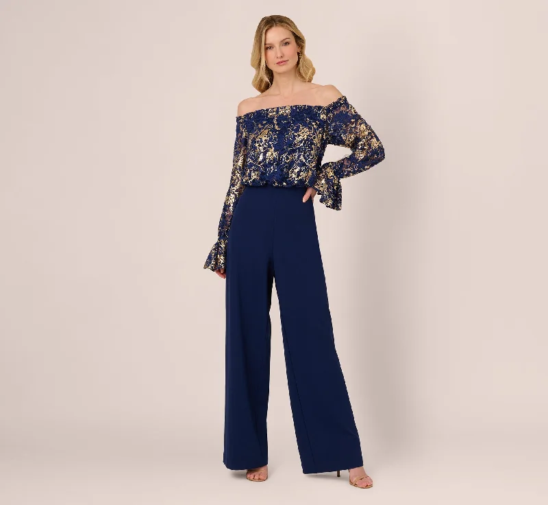Spring dresses for a fun day out with friends -Lace And Crepe Jumpsuit In Navy Gold