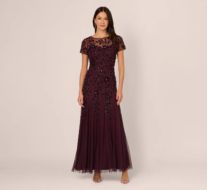 formal dresses for senior women with classic cuts --Hand Beaded Short Sleeve Floral Godet Gown In Night Plum formal dresses for senior women with classic cuts --Hand Beaded Short Sleeve Floral Godet Gown In Night Plum