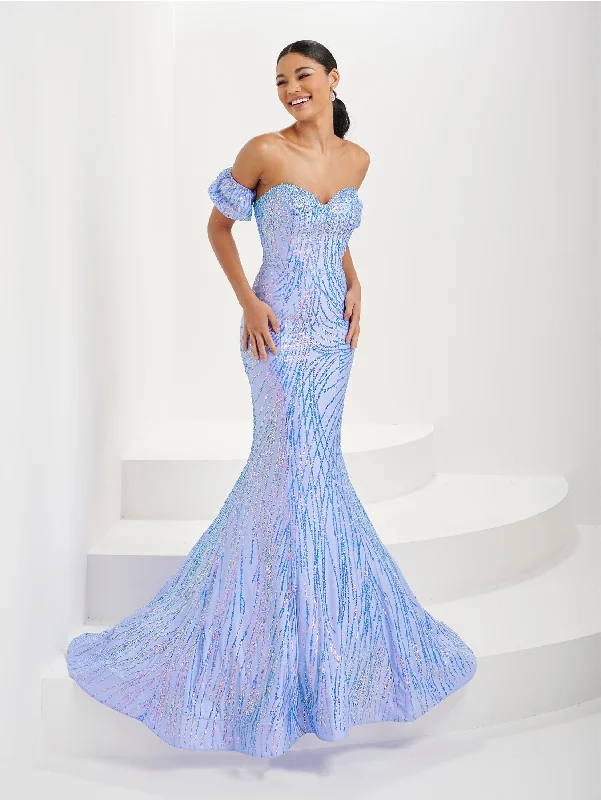 cocktail dresses with layered tulle skirts for volume --Sequin Print Strapless Puff Sleeve Gown by Tiffany Designs 16071