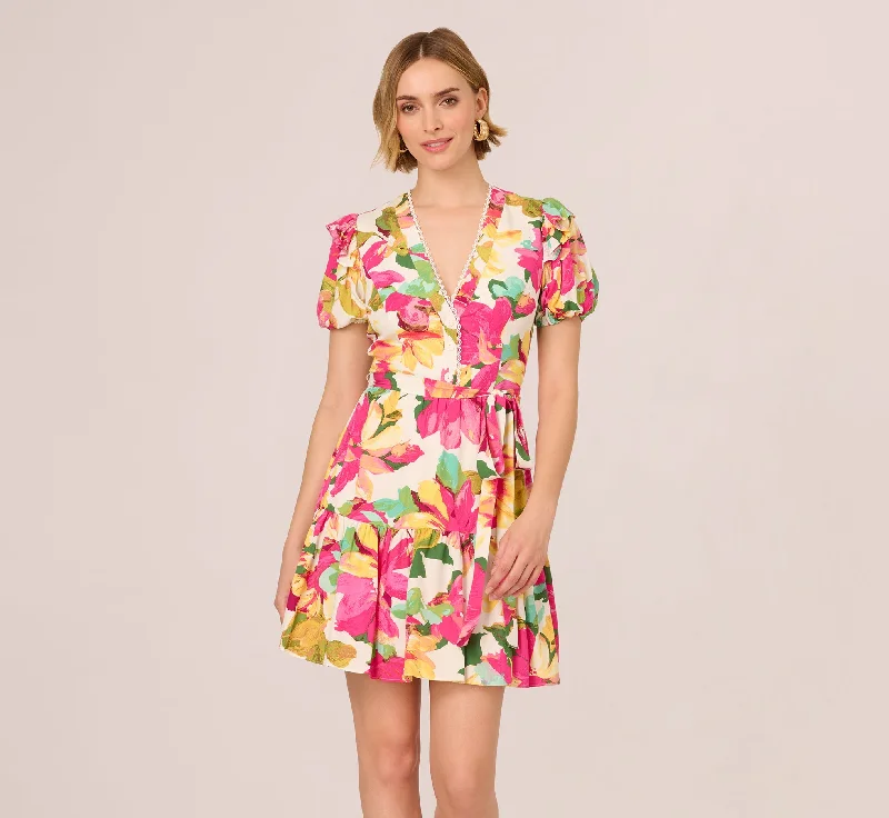 Spring dresses for casual days at the office -Puff Sleeve Flounce Mini Dress In White Multi