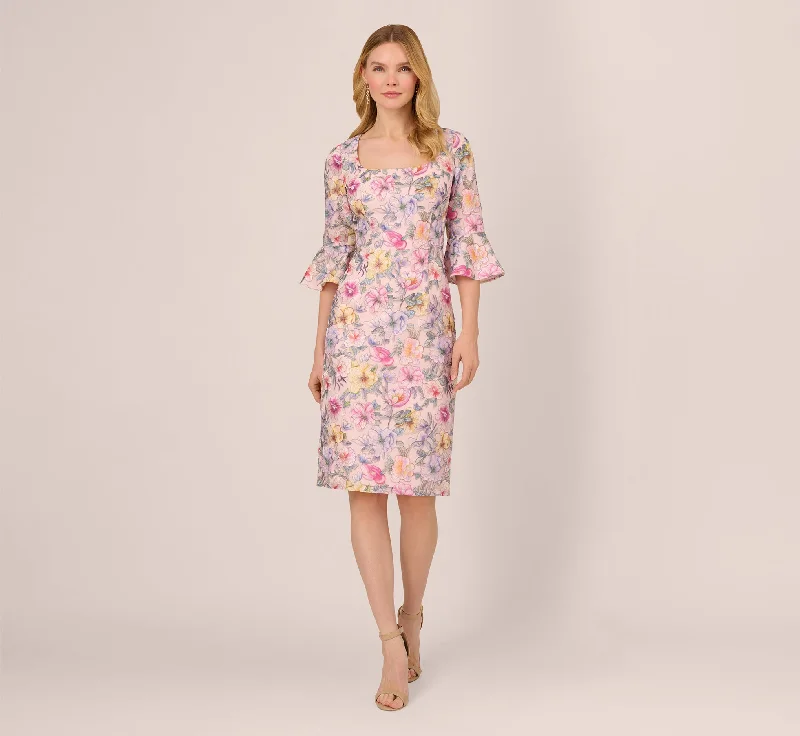 Spring dresses with asymmetrical hems for a unique style -Floral Embroidered Sheath Dress With Three Quarter Bell Sleeves In Blush Multi Spring dresses with asymmetrical hems for a unique style -Floral Embroidered Sheath Dress With Three Quarter Bell Sleeves In Blush Multi