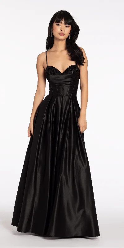 formal dresses for weddings with lace detailing --Satin Beaded Drape Corset Ballgown with Side Pockets