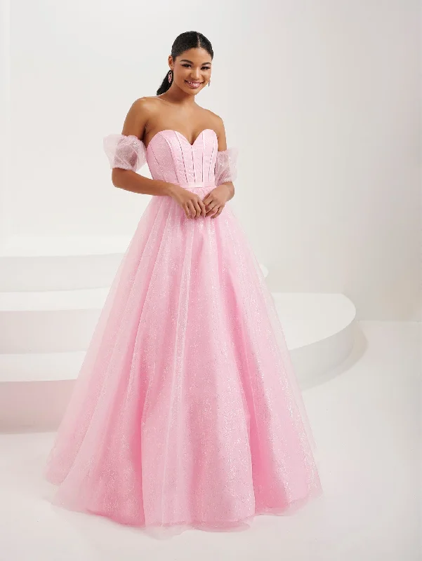 cocktail dresses with asymmetrical necklines for fashion-forward --Glitter Strapless Puff Sleeve Gown by Tiffany Designs 16083 cocktail dresses with asymmetrical necklines for fashion-forward --Glitter Strapless Puff Sleeve Gown by Tiffany Designs 16083
