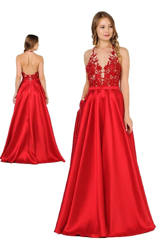 Trendy wedding guest dresses in earth tones for autumn weddings -Embroidered Applique Long V-Neck Halter Dress by Poly USA 8316 Trendy wedding guest dresses in earth tones for autumn weddings -Embroidered Applique Long V-Neck Halter Dress by Poly USA 8316