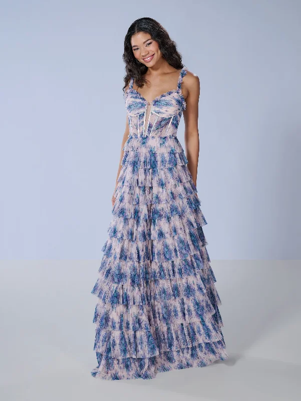 formal dresses with satin sashes for waist accentuation --Floral Print Sleeveless Tiered Gown by Tiffany Designs 16160