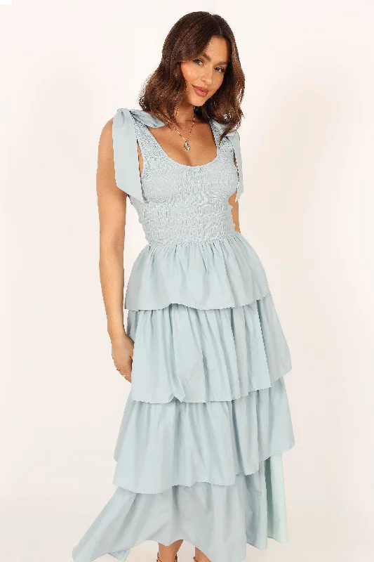Light spring dresses for a beach vacation -Raphael Tiered Maxi Dress - Blue