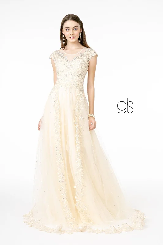 Classic A-line dresses for wedding guest outfits -Embroidered Long Cap Sleeve Dress by Elizabeth K GL2882