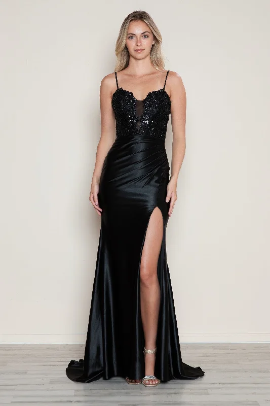 formal dresses for office parties with knee-length cuts --Applique Satin Sleeveless Slit Gown by Poly USA 9616 formal dresses for office parties with knee-length cuts --Applique Satin Sleeveless Slit Gown by Poly USA 9616