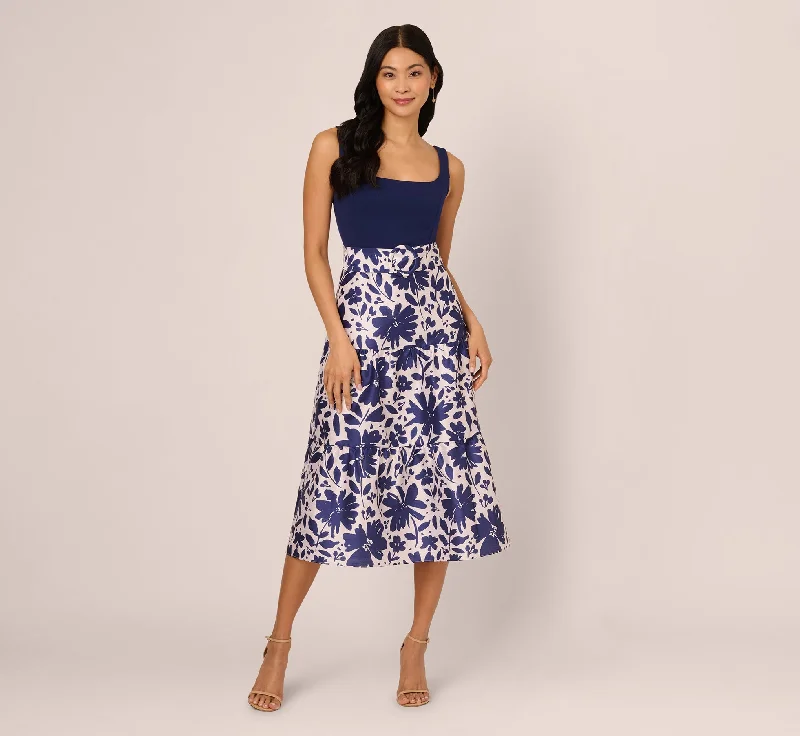 Wedding guest dresses for formal and stylish events -Sleeveless Floral Combo Flounce Dress In Navy Ivory Wedding guest dresses for formal and stylish events -Sleeveless Floral Combo Flounce Dress In Navy Ivory