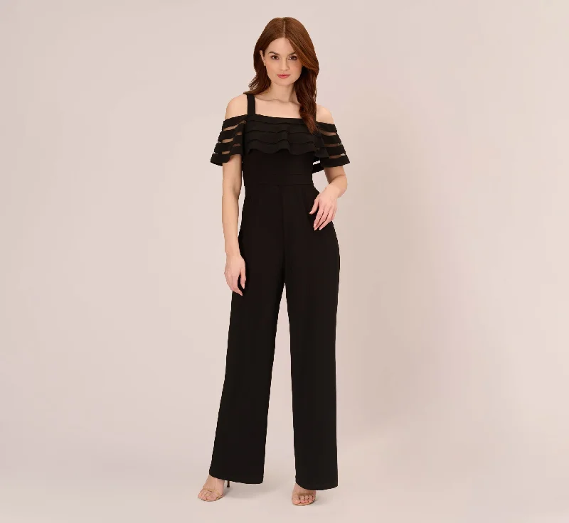Spring dresses with wrap-around skirts for flattering styles -Jersey Banded Ruffled Jumpsuit With Cold Shoulder In Black Spring dresses with wrap-around skirts for flattering styles -Jersey Banded Ruffled Jumpsuit With Cold Shoulder In Black