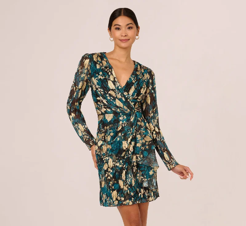Spring dresses with wrap-around designs for a feminine touch -Crinkle Foil Wrap Dress In Teal Sapphire Gold Spring dresses with wrap-around designs for a feminine touch -Crinkle Foil Wrap Dress In Teal Sapphire Gold