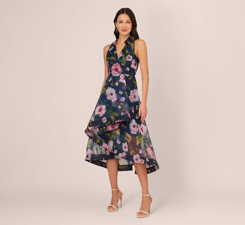 Stunning wedding guest dresses for formal evening events -Floral Printed High Low Organza Halter Dress In Navy Multi Stunning wedding guest dresses for formal evening events -Floral Printed High Low Organza Halter Dress In Navy Multi