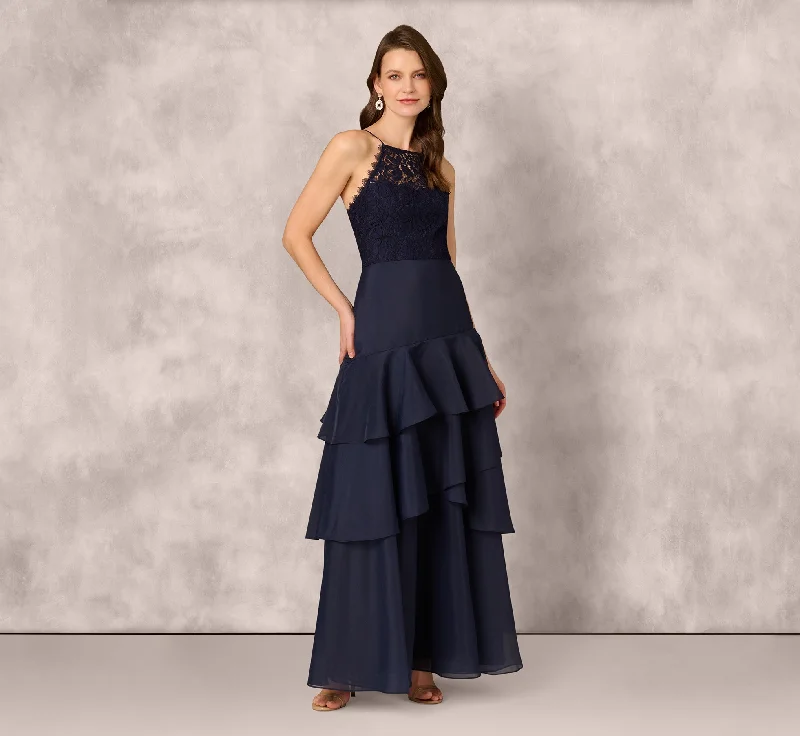 Wedding guest dresses that work for semi-formal weddings -Lace Organza Halter Ballgown In Navy Wedding guest dresses that work for semi-formal weddings -Lace Organza Halter Ballgown In Navy