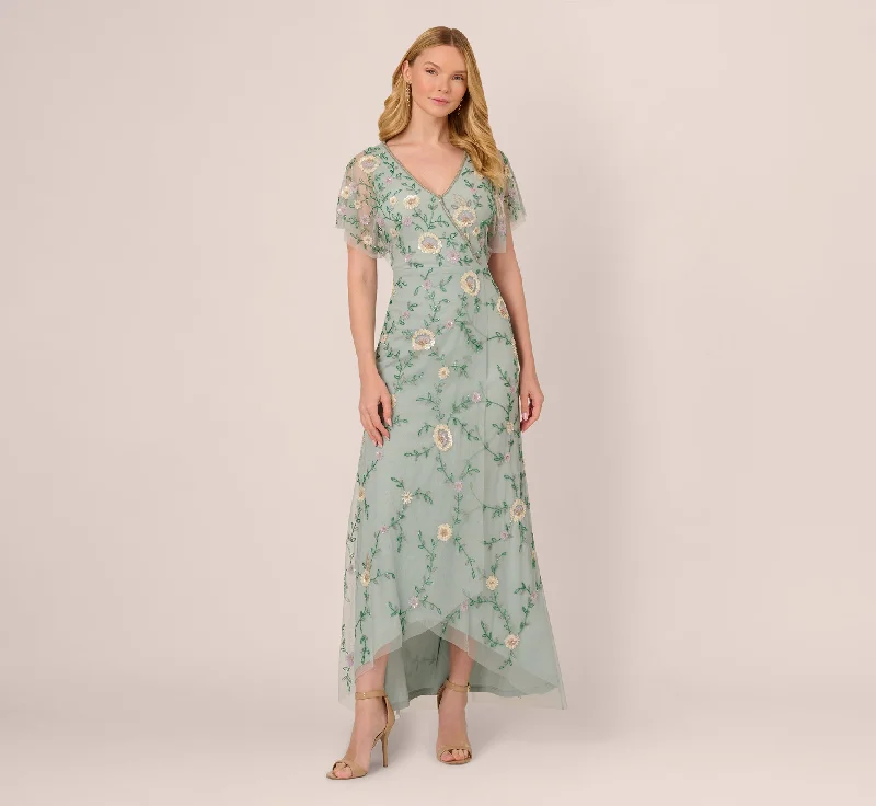 Trendy wedding guest dresses in pastel colors for a soft look -Flutter Sleeve Beaded Wrap Dress In Aqua Dust Trendy wedding guest dresses in pastel colors for a soft look -Flutter Sleeve Beaded Wrap Dress In Aqua Dust