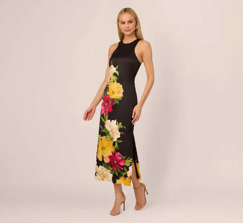 Comfortable wedding guest dresses for dancing and long hours -Sleeveless Floral Printed Satin Midi Dress In Black Multi Comfortable wedding guest dresses for dancing and long hours -Sleeveless Floral Printed Satin Midi Dress In Black Multi