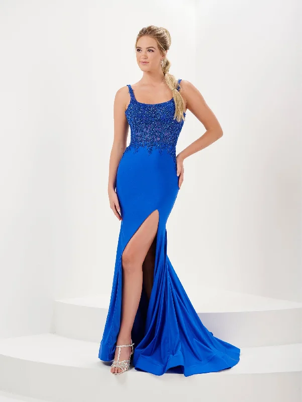 cocktail dresses with ruched bodices for flattering fit --Beaded Jersey Sheer Corset Slit Gown by Tiffany Designs 16058 cocktail dresses with ruched bodices for flattering fit --Beaded Jersey Sheer Corset Slit Gown by Tiffany Designs 16058