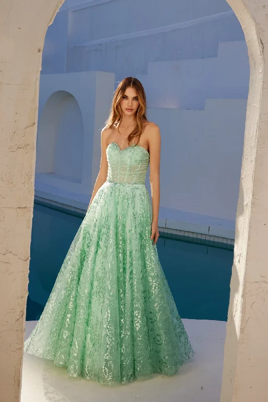 cocktail dresses with puff sleeves for vintage vibes --Glitter Print Strapless A-line Gown by Juliet JT2547S cocktail dresses with puff sleeves for vintage vibes --Glitter Print Strapless A-line Gown by Juliet JT2547S