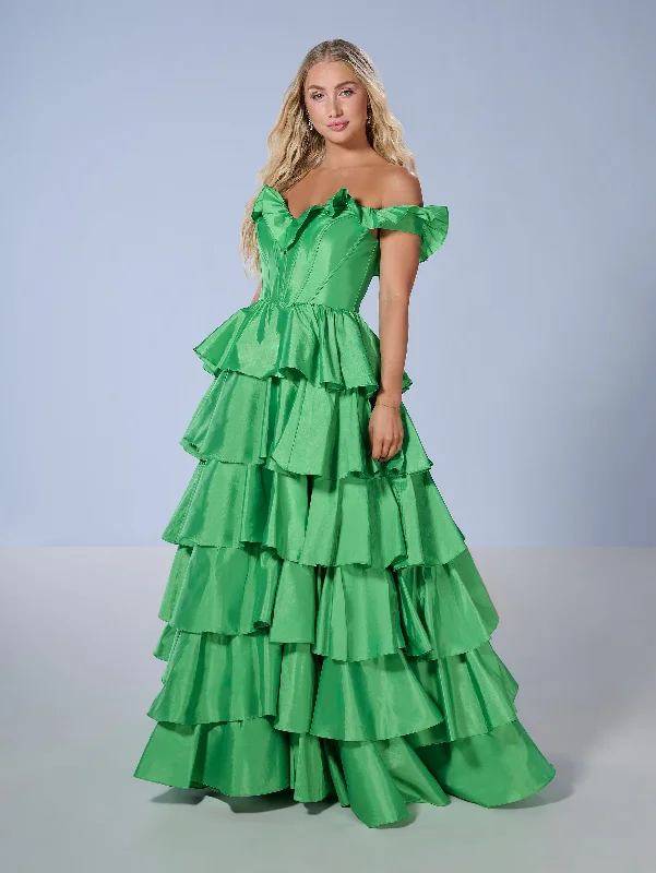 formal dresses for winter galas with fur collars --Taffeta Off Shoulder Tiered Gown by Tiffany Designs 16175 formal dresses for winter galas with fur collars --Taffeta Off Shoulder Tiered Gown by Tiffany Designs 16175