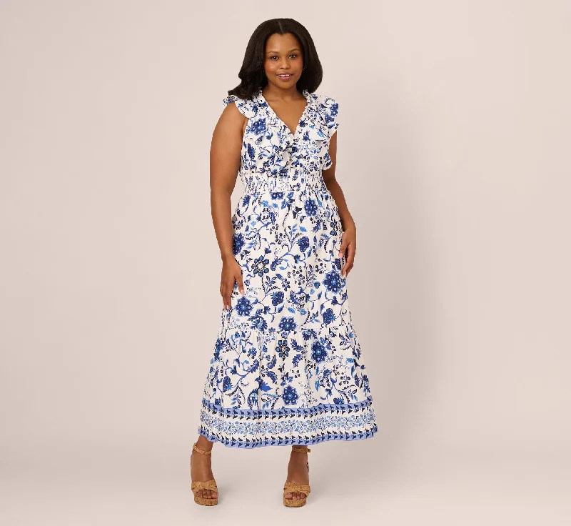 Spring dresses with chiffon skirts for lightness and movement -Plus Size Sleeveless Ruffle Collar Printed Midi Dress In White Blue Multi Spring dresses with chiffon skirts for lightness and movement -Plus Size Sleeveless Ruffle Collar Printed Midi Dress In White Blue Multi