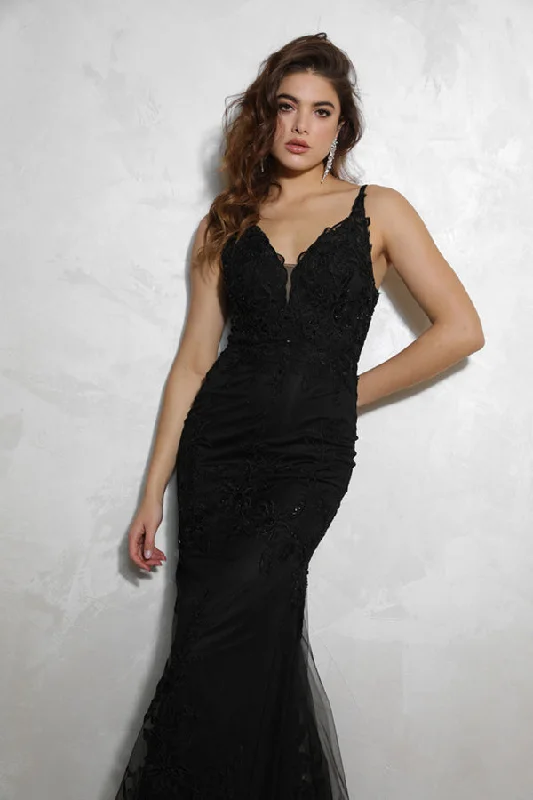 cocktail dresses with layered skirts for dramatic effect --Applique Satin Fitted V-Neck Gown by Eureka 9130