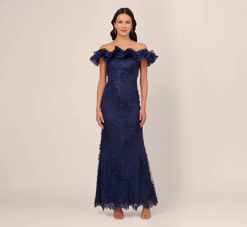 formal dresses for teenagers with modest necklines --Ruffle Off The Shoulder Floral Lace Gown In Light Navy formal dresses for teenagers with modest necklines --Ruffle Off The Shoulder Floral Lace Gown In Light Navy