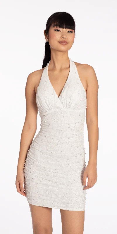 Graduation dresses with soft pastel colors for a fresh look -Pearl Glitter Halter Bodycon Dress with Ruching Graduation dresses with soft pastel colors for a fresh look -Pearl Glitter Halter Bodycon Dress with Ruching