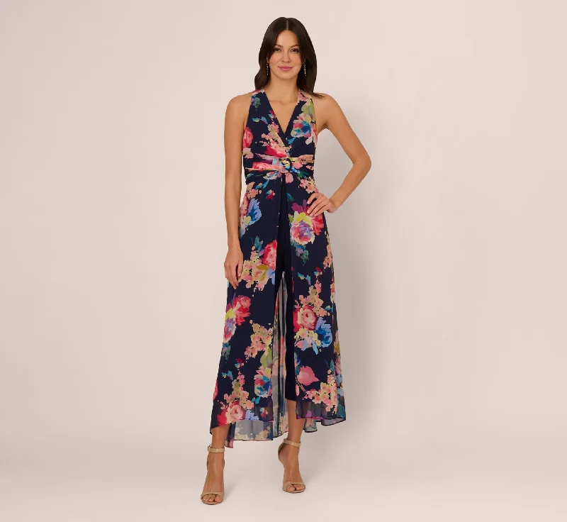 Spring dresses with off-the-shoulder designs for a romantic vibe -Sleeveless Floral Chiffon Overlay Jumpsuit In Navy Multi Spring dresses with off-the-shoulder designs for a romantic vibe -Sleeveless Floral Chiffon Overlay Jumpsuit In Navy Multi